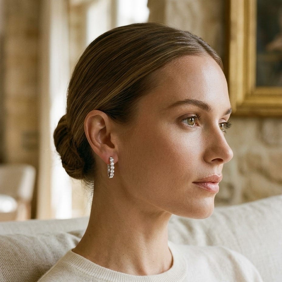 Diamond Hinged Oval Hoop Earrings 3/4ctw in 14K White Gold - editorial