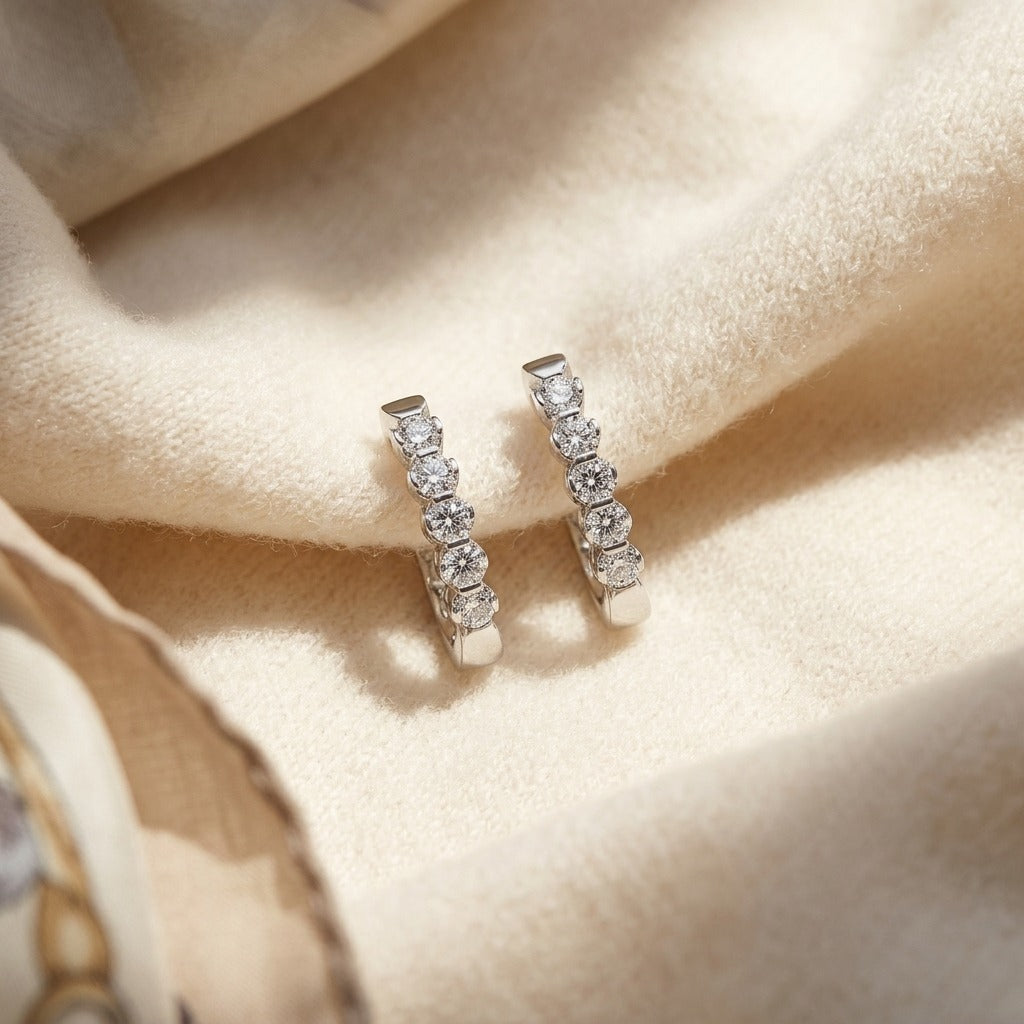 Diamond Hinged Oval Hoop Earrings 3/4ctw in 14K White Gold - flat lay