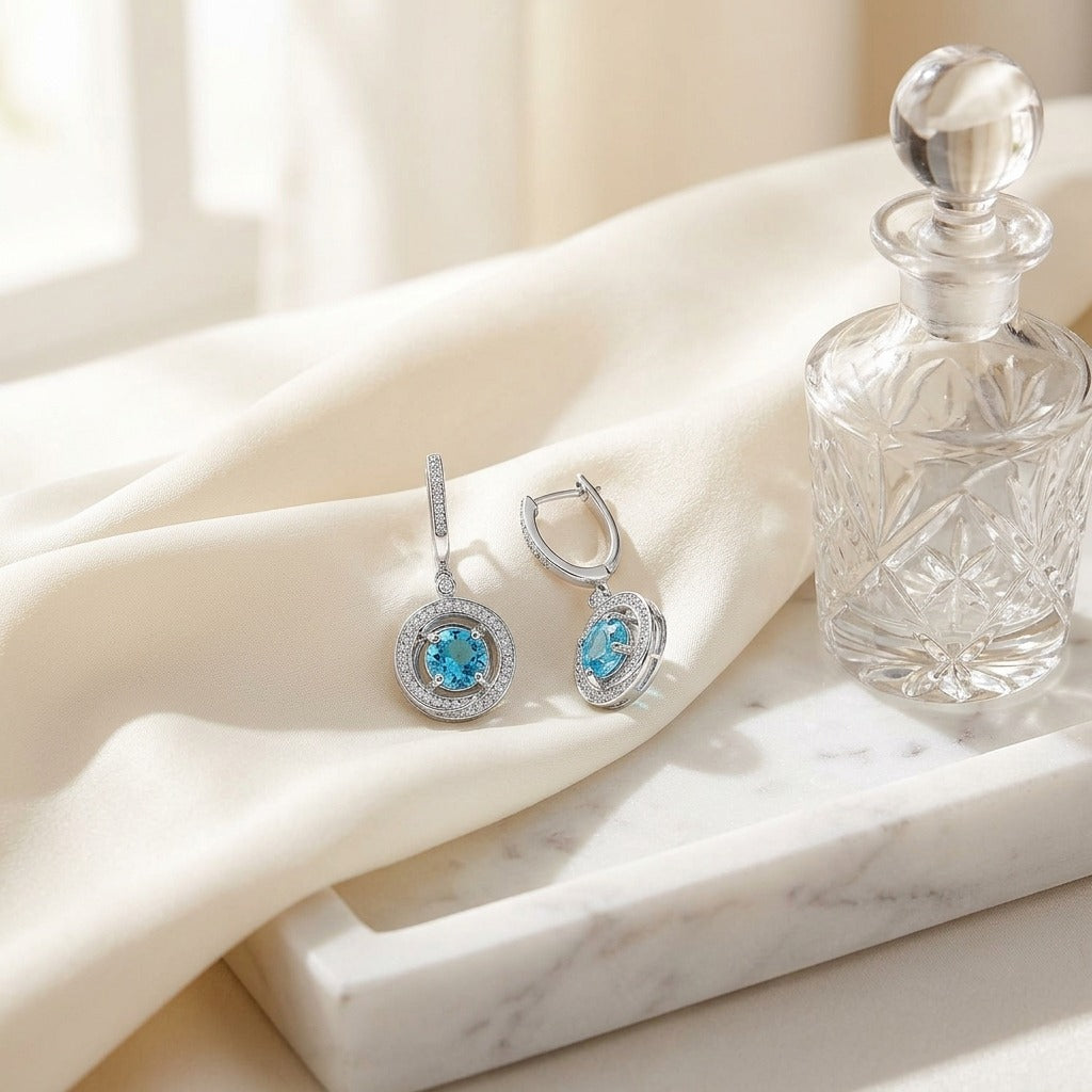 Blue Topaz & Diamond Swirl Dangling Earrings in 14K White Gold - lifestyle