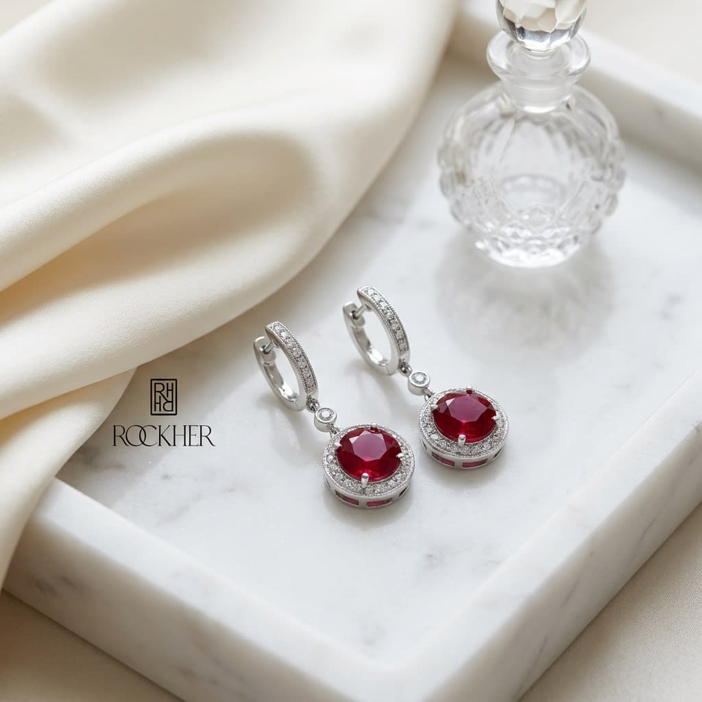 Ruby And Diamond Earrings in 14K White Gold, on marble vanity tray with silk