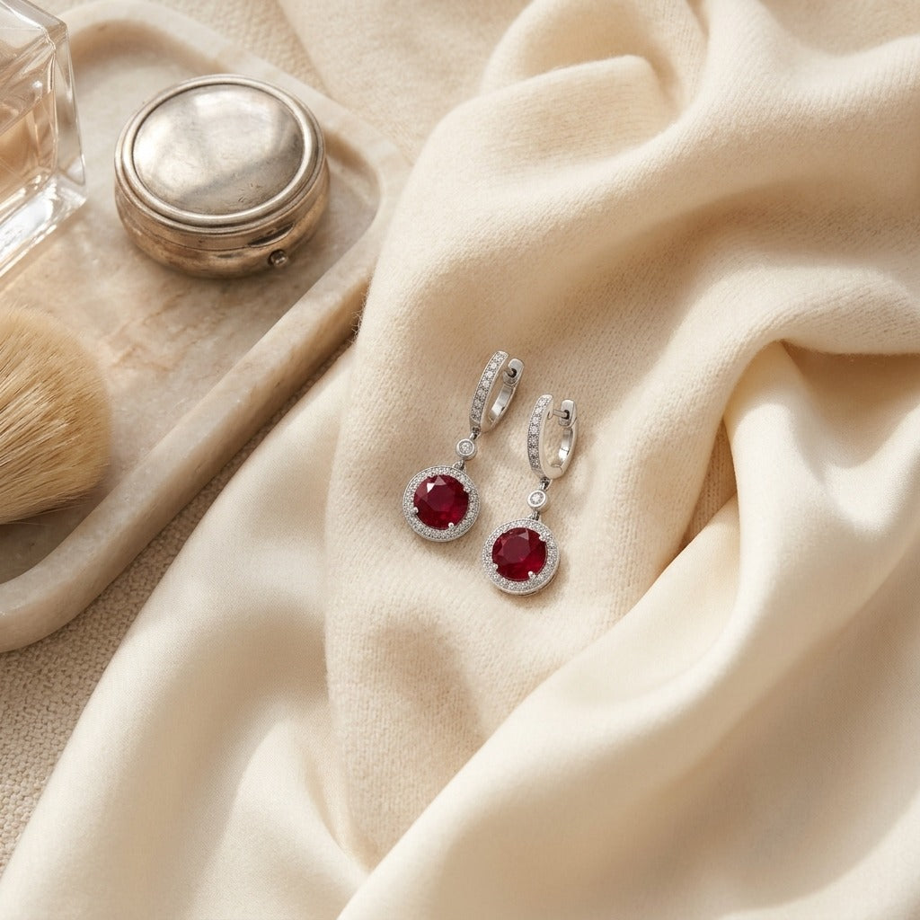 Ruby & Diamond Earrings in 14K White Gold - flat lay