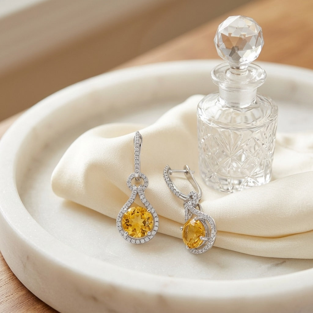 Citrine & Diamond Round Doorknocker Earrings in 14K White Gold - lifestyle