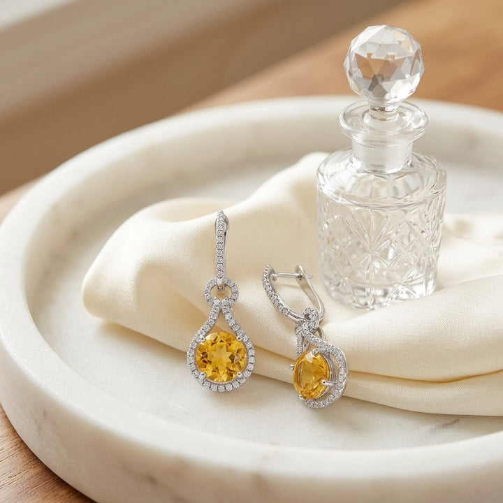 Citrine & Diamond Round Doorknocker Earrings in 14K White Gold - lifestyle