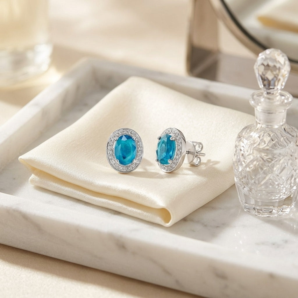 Aquamarine & Diamond Oval Halo Stud Earrings in 14K White Gold - lifestyle