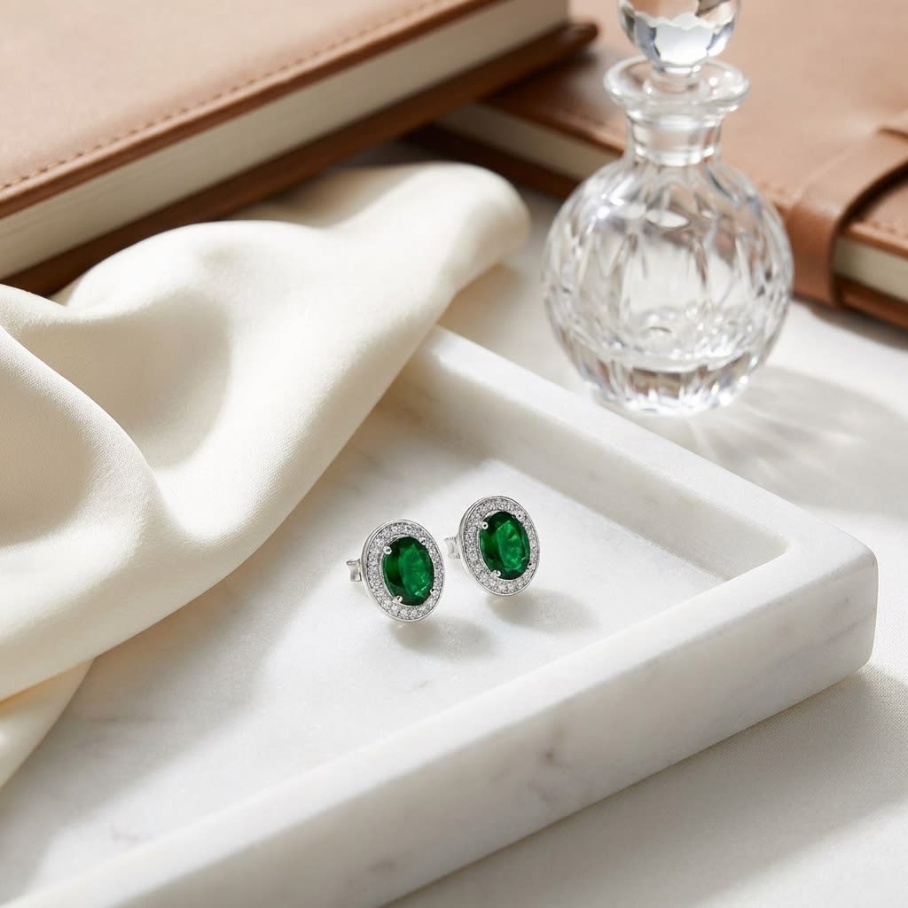 Emerald Oval Stud Earrings in 14K White Gold, on marble vanity tray with silk
