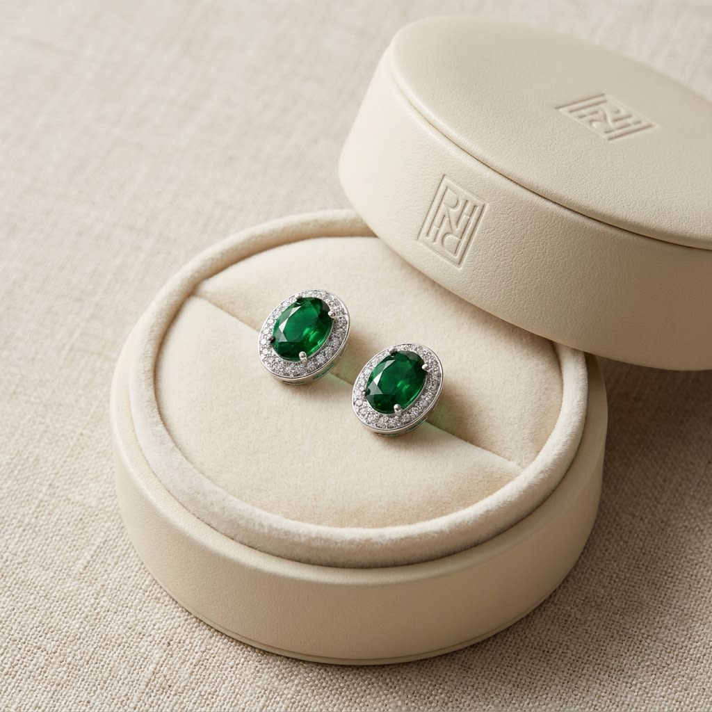 Emerald Oval Stud Earrings in 14K White Gold, in navy velvet jewelry box