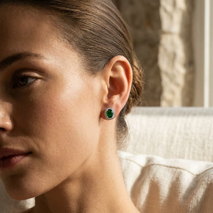 Emerald Oval & Diamond Earrings in 14K White Gold - lifestyle