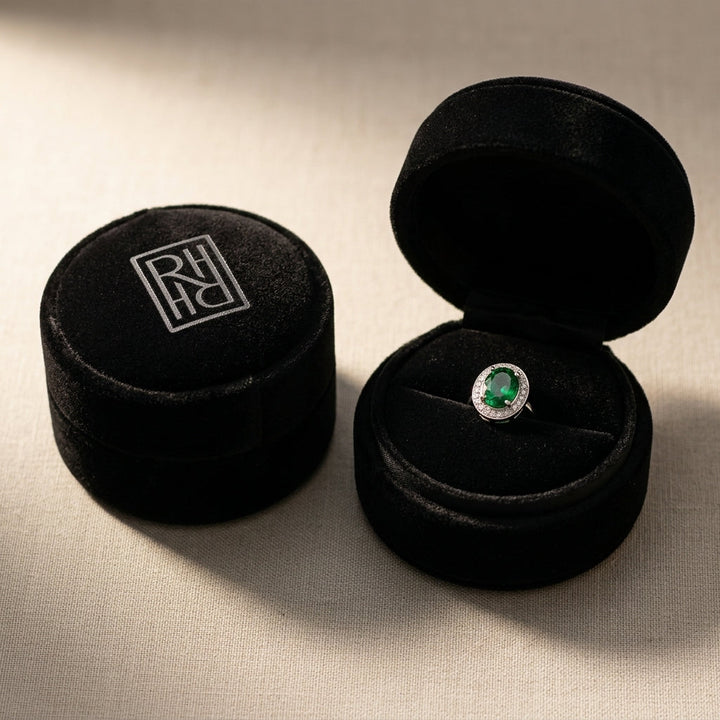 Emerald Oval & Diamond Earrings in 14K White Gold - presentation