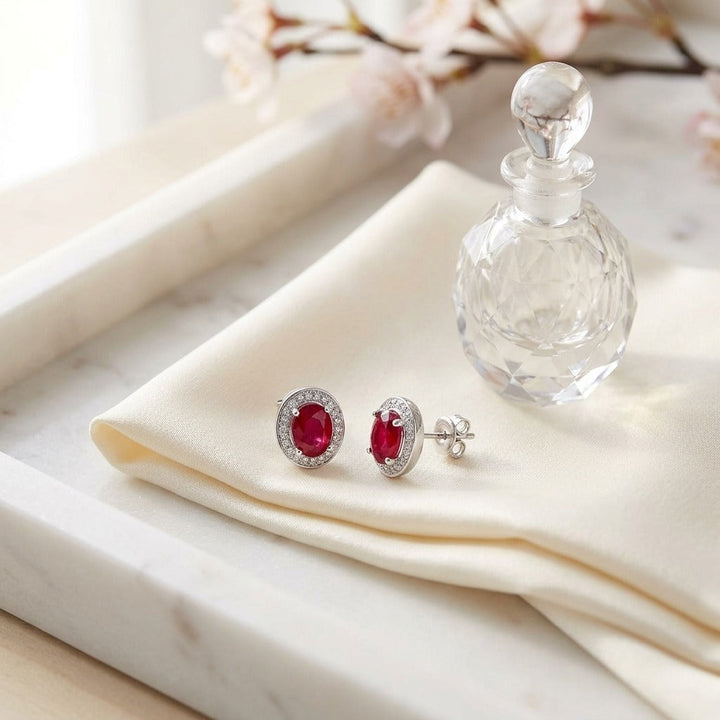 Ruby & Diamond Oval Halo Earrings in 14K White Gold - lifestyle