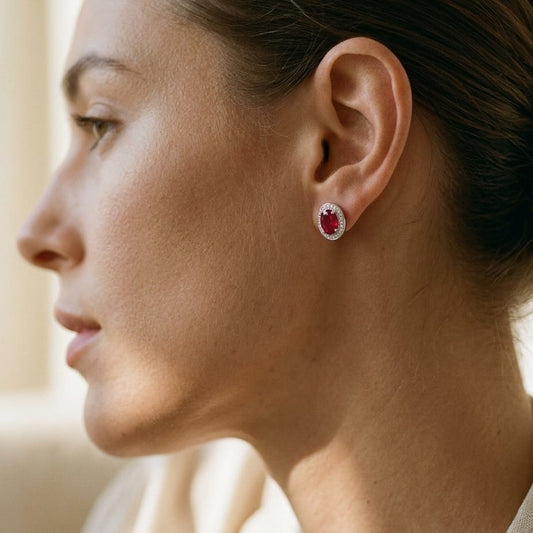 Ruby & Diamond Oval Halo Earrings in 14K White Gold - editorial