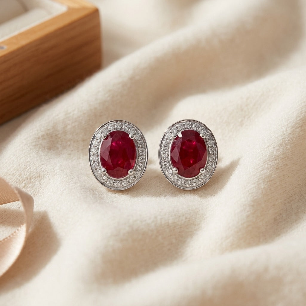 Ruby & Diamond Oval Halo Earrings in 14K White Gold - flat lay
