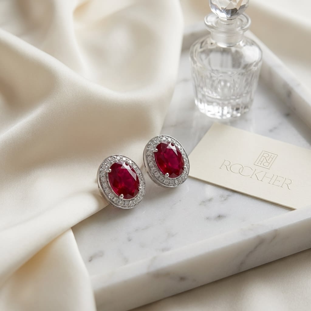 ต่างหูทับทิม ทรงรี ตัวเรือนทองคำขาว 14K จาก RockHer