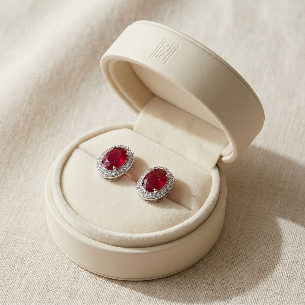 Ruby Oval Stud Earrings in 14K White Gold, in navy velvet jewelry box