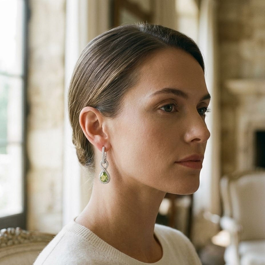 Peridot & Diamond Infinity Dangle Earrings in 14K White Gold - editorial