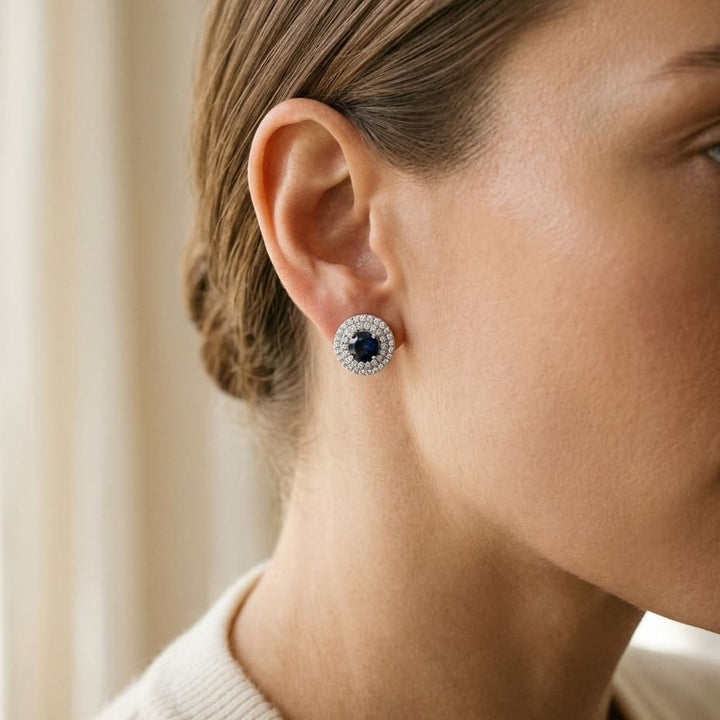 Sapphire & Diamond Double Halo Earrings in 14K White Gold - lifestyle
