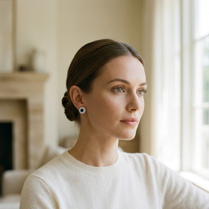 Sapphire & Diamond Double Halo Earrings in 14K White Gold - on model