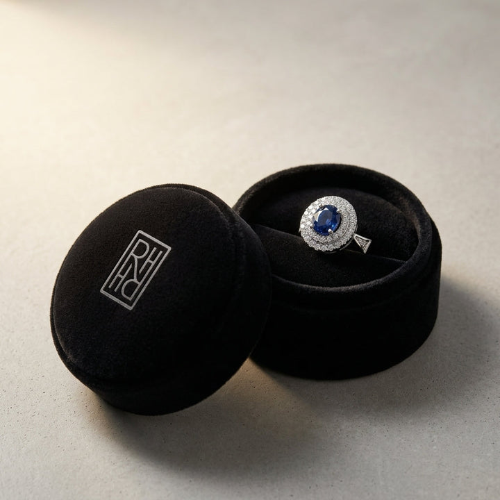 Sapphire & Diamond Double Halo Earrings in 14K White Gold - presentation