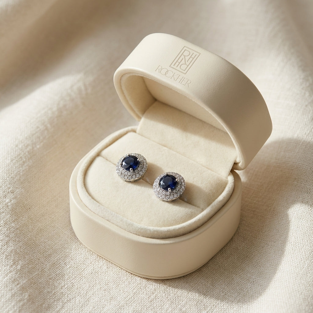 Sapphire And Diamond Double Halo Earrings In 14k White Gold (1/4 Ctw), in navy velvet jewelry box