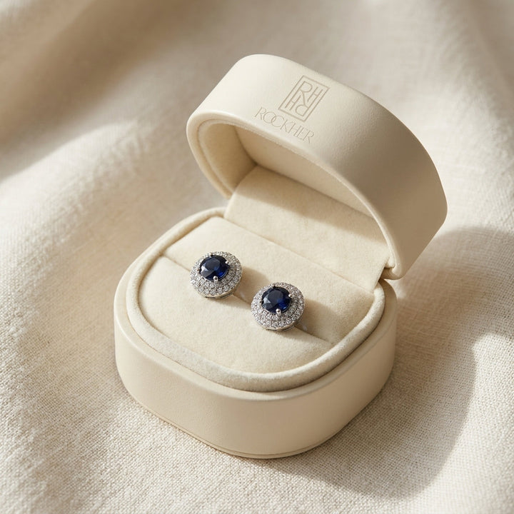 Sapphire And Diamond Double Halo Earrings In 14k White Gold (1/4 Ctw), in navy velvet jewelry box