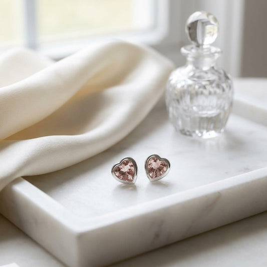 Heart Morganite Earrings in 14K White Gold, 3.40ct, on marble vanity tray with silk