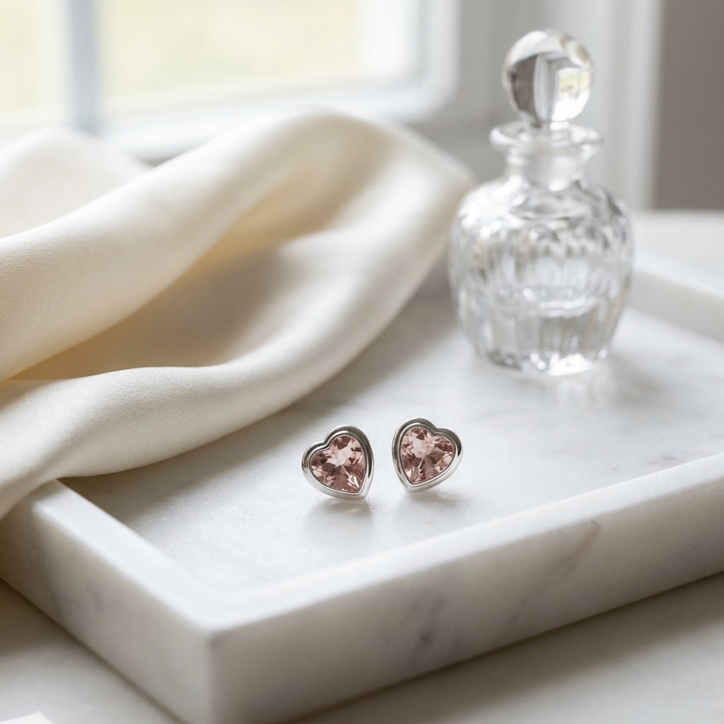 Heart Shaped Morganite & 14k White Gold Earring, on marble vanity tray with silk