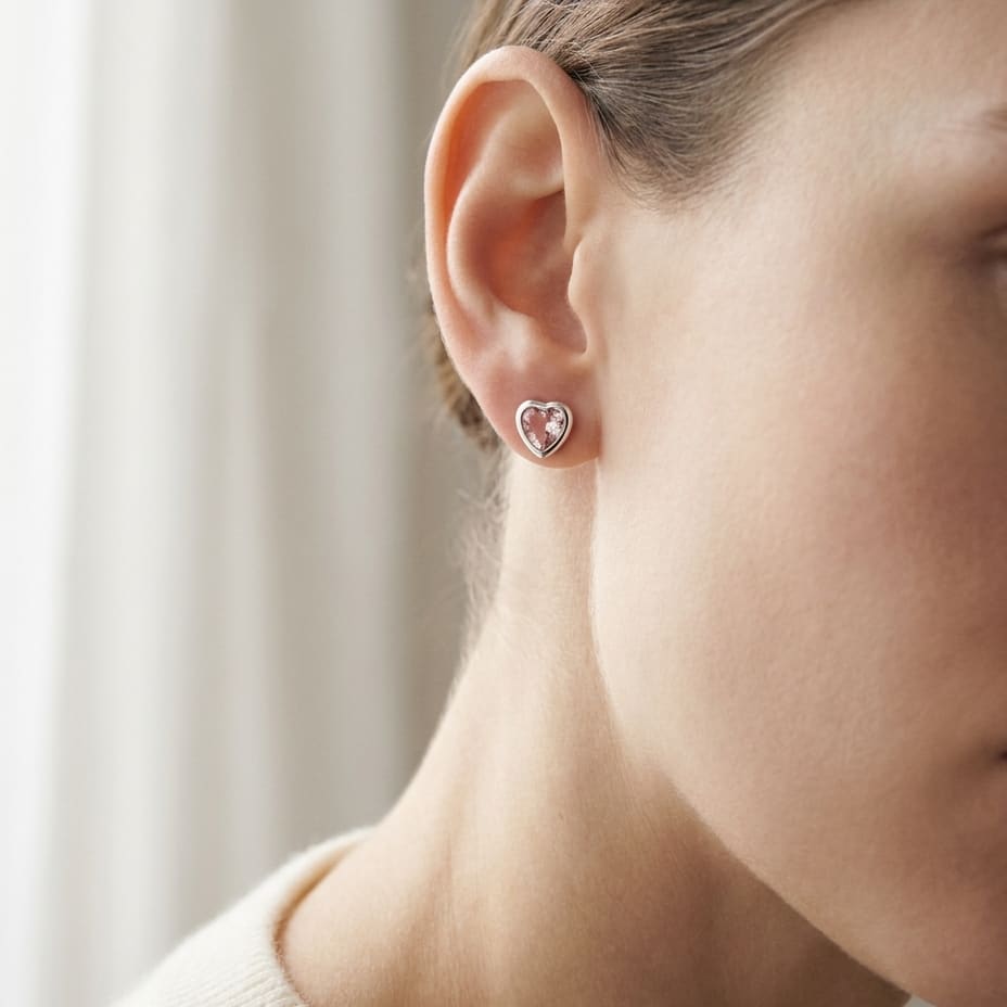 Heart Morganite Earrings in 14K White Gold, 3.40ct, worn close-up portrait