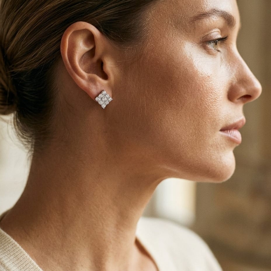 Diamond Square Cluster Earrings in 14K White Gold - editorial