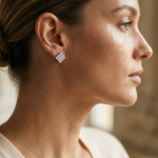 Diamond Square Cluster Earrings in 14K White Gold - editorial