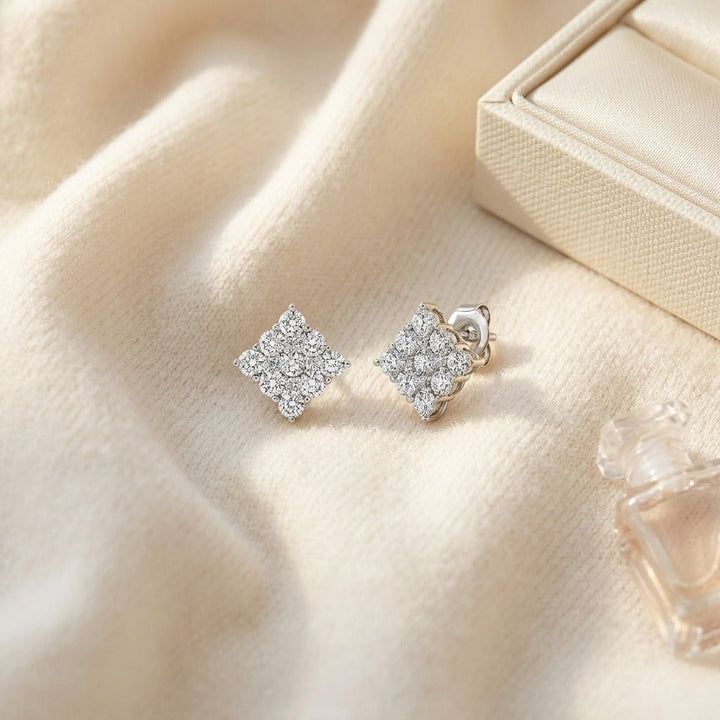 Diamond Square Cluster Earrings in 14K White Gold - flat lay