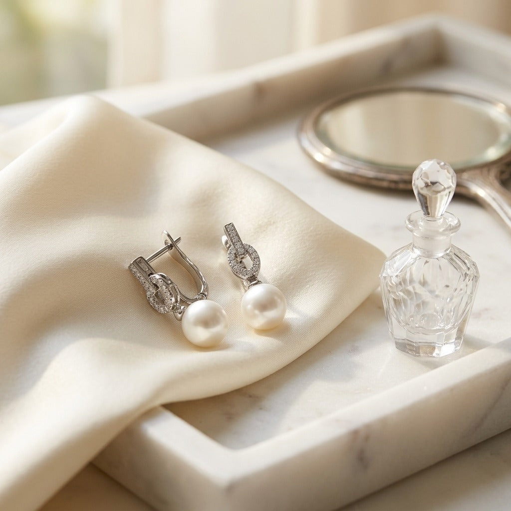 Freshwater Pearl & Diamond Earrings in 14K White Gold - lifestyle