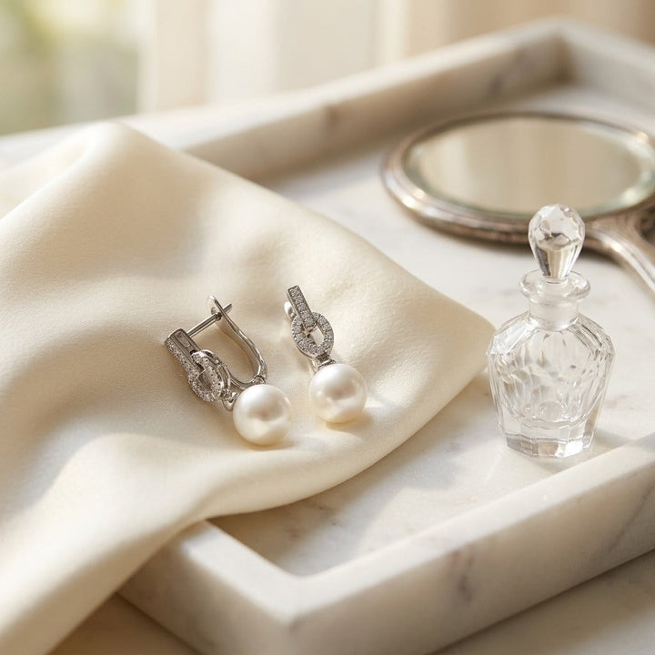Freshwater Pearl & Diamond Earrings in 14K White Gold - lifestyle