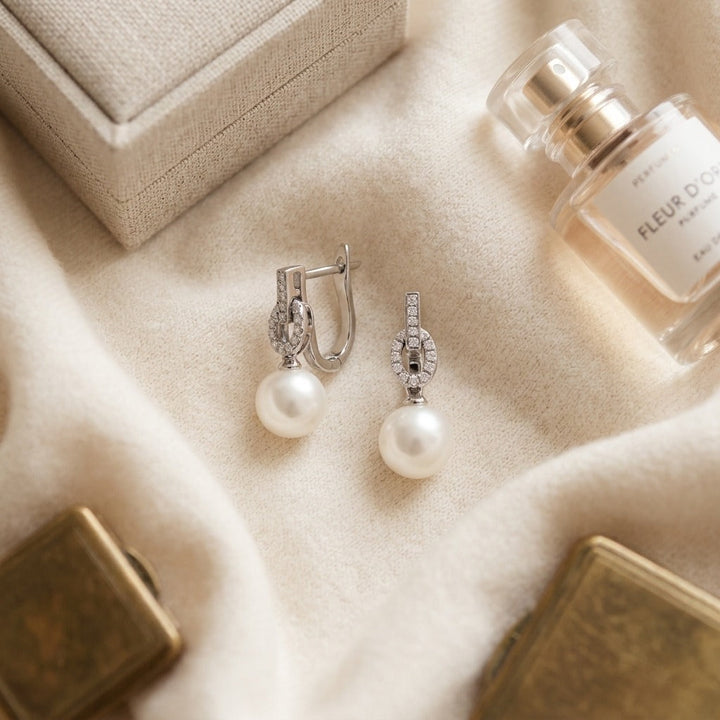 Freshwater Pearl & Diamond Earrings in 14K White Gold - flat lay