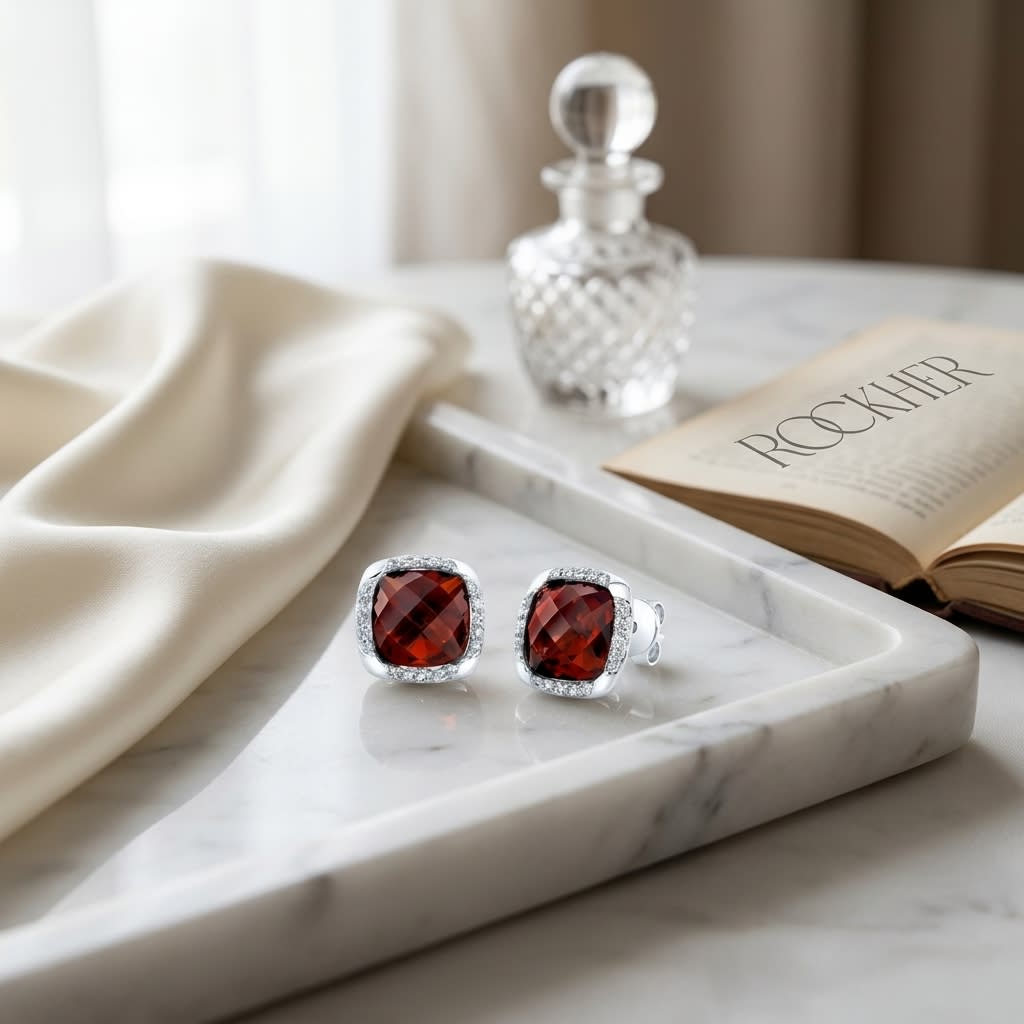 Garnet Cushion Stud Earrings in 14K White Gold, on marble vanity tray with silk