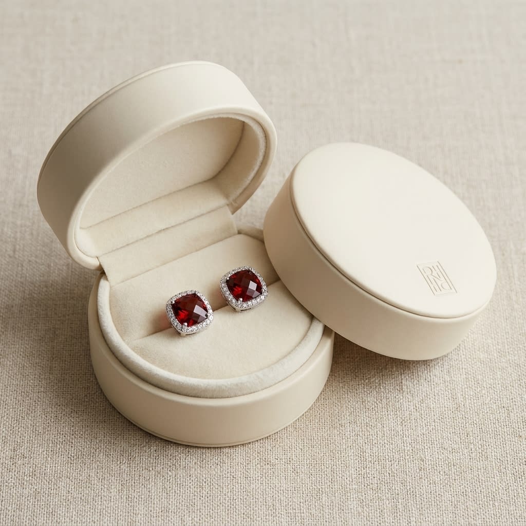 Garnet Cushion Stud Earrings in 14K White Gold, in navy velvet jewelry box