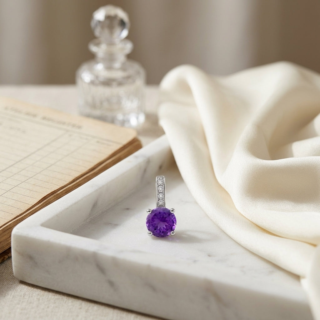 Amethyst & Diamond Drop Earrings in 14K White Gold - editorial