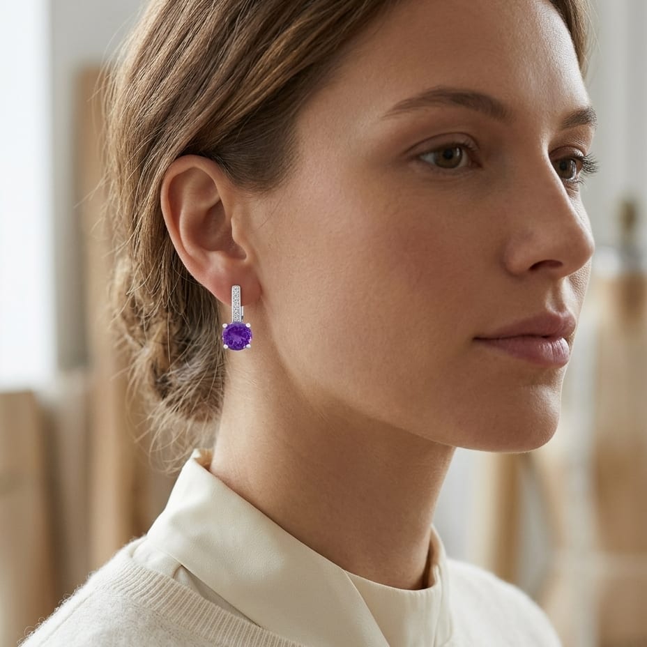 Amethyst & Diamond Drop Earrings in 14K White Gold - lifestyle