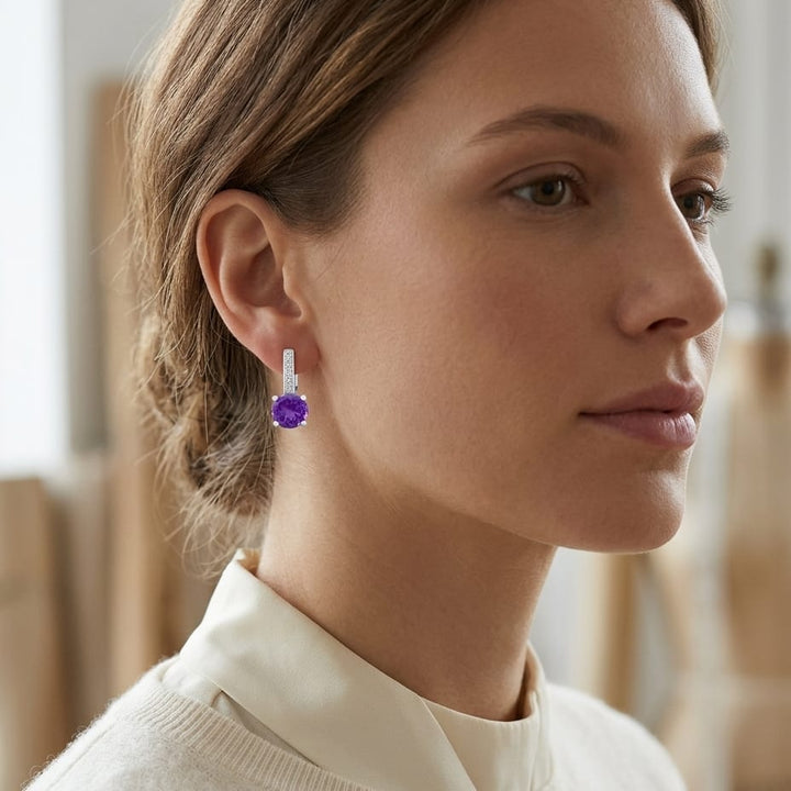 Amethyst & Diamond Drop Earrings in 14K White Gold - lifestyle