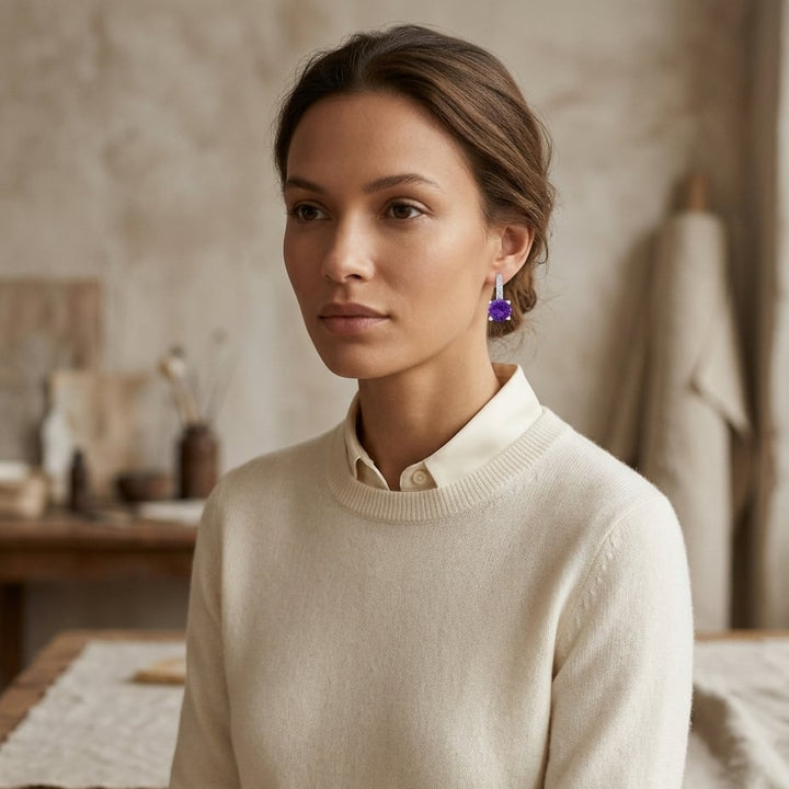 Amethyst & Diamond Drop Earrings in 14K White Gold - on model