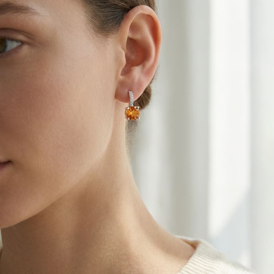 Citrine And Diamond Drop Earrings in 14K White Gold, worn close-up portrait
