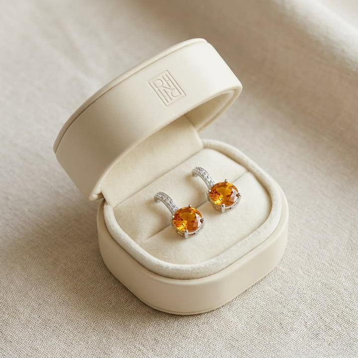 Citrine And Diamond Drop Earrings in 14K White Gold, in navy velvet jewelry box