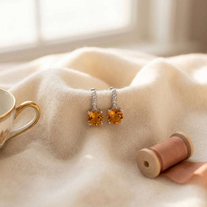 Citrine & Diamond Drop Earrings in 14K White Gold - flat lay