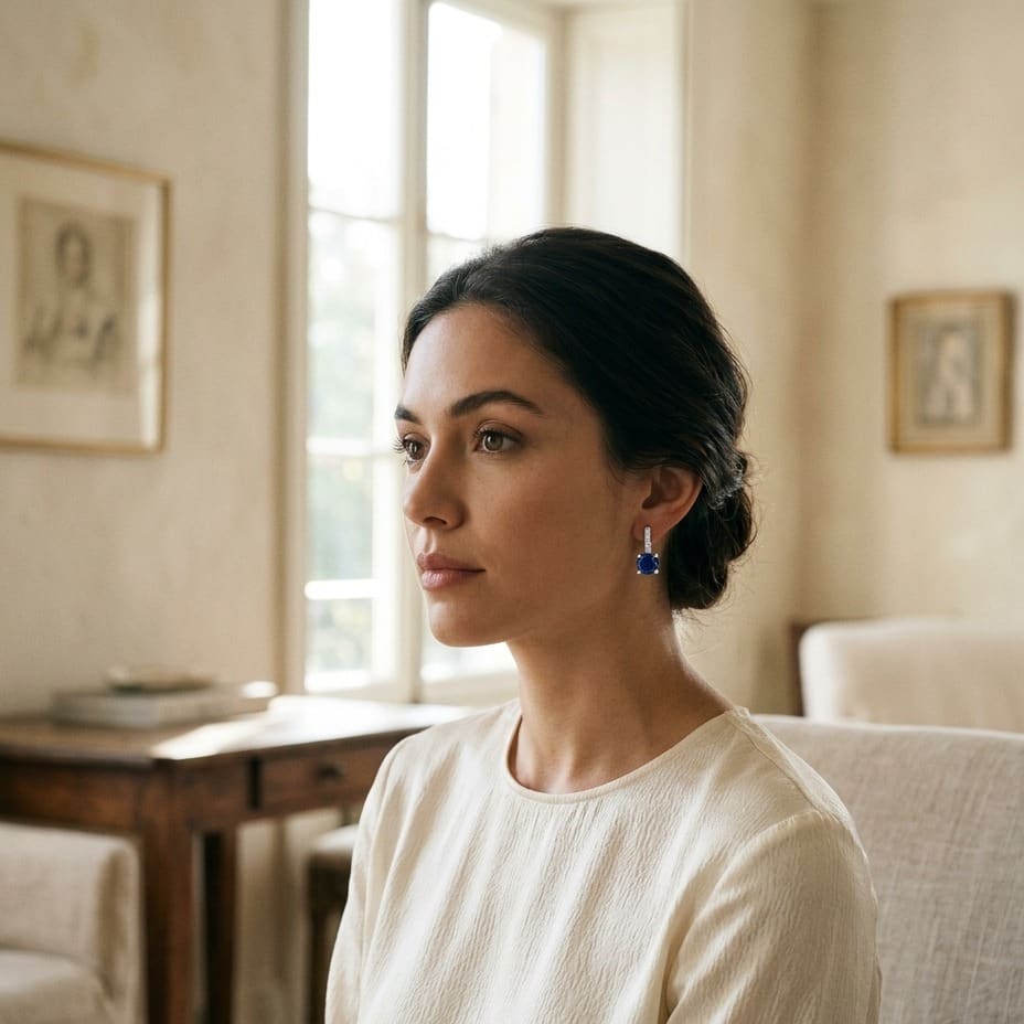 Sapphire & Diamond Earrings in 14K White Gold - on model