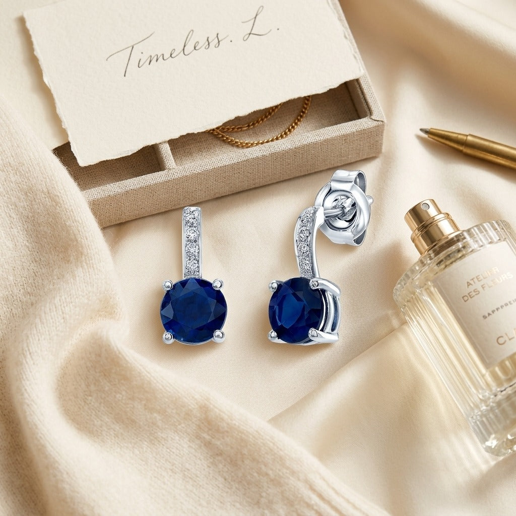 Sapphire & Diamond Earrings in 14K White Gold - flat lay