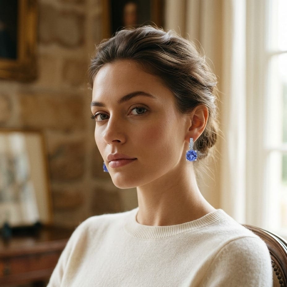 Tanzanite & Diamond Earrings in 14K White Gold - on model