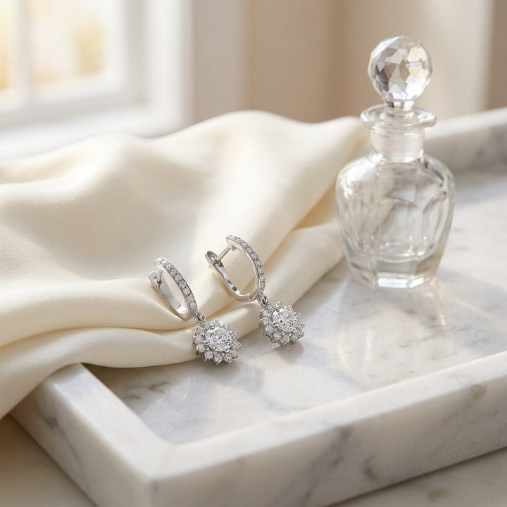 Diamond Sunburst Drop Earrings in 14K White Gold - lifestyle