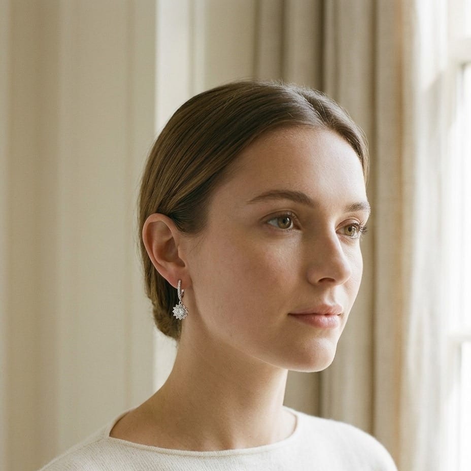 Diamond Sunburst Drop Earrings in 14K White Gold - editorial