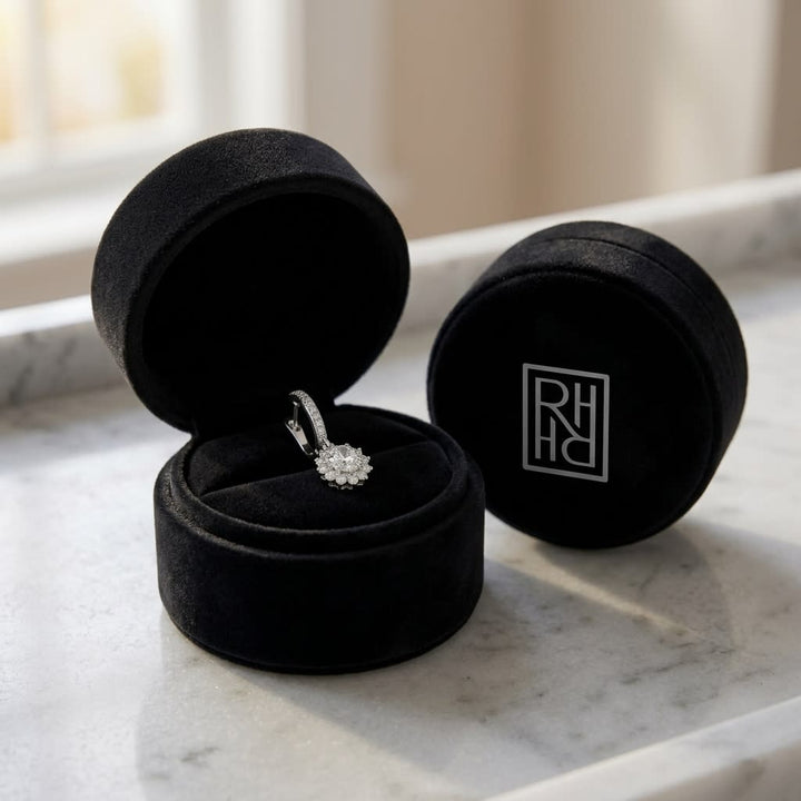 Diamond Drop Earrings in 14K White Gold, in navy velvet jewelry box