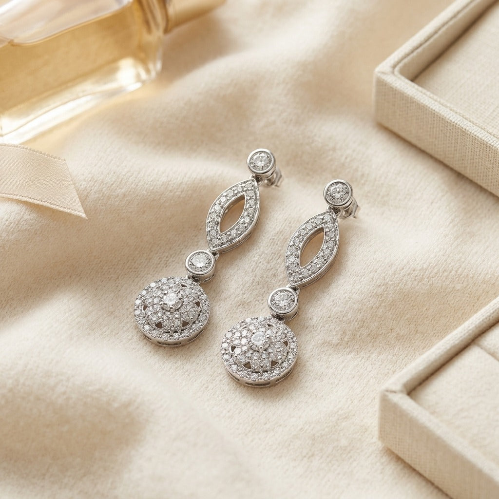 Diamond Marquise Link Earrings in 14K White Gold - flat lay