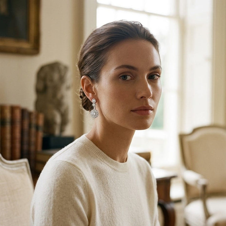 Diamond Beaded Top Earrings in 14K White Gold - on model
