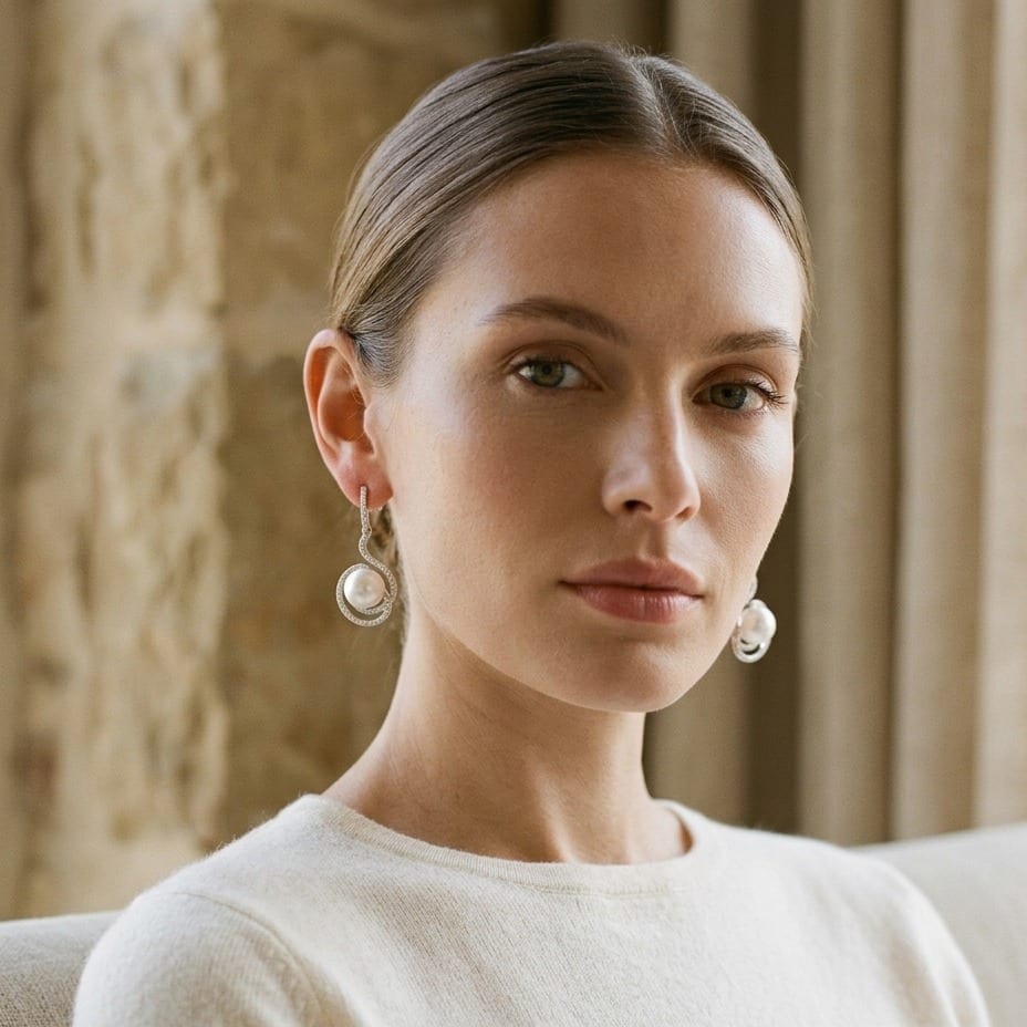 White Gold Freshwater Pearl Earrings 7.0mm in 14K White Gold - on model